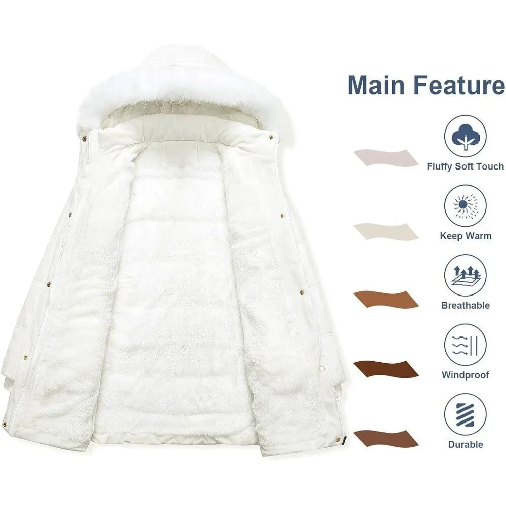 Women's Cream White Winter Warm Coat Velvet Quilted Faux Fur Hood Puffer Jacket
